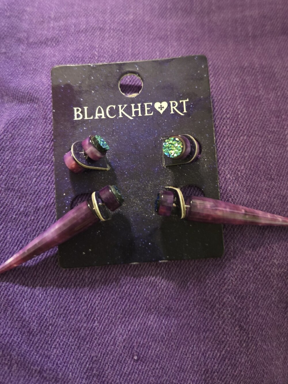2 Sets Of Blackheart Purple Spike & Glitter Stud Faux Taperd (Never Worn)